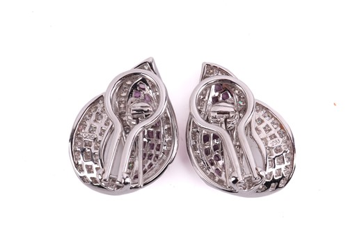Lot 17 - A pair of diamond and pink sapphire earrings,...
