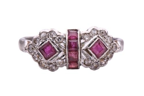 Lot 265 - A ruby and diamond ring, in a geometric design...