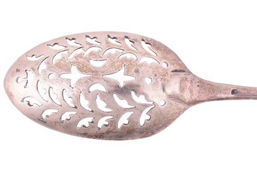 Lot 197 - Four silver mote spoons circa 1750, rat tail...
