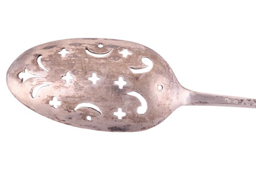 Lot 197 - Four silver mote spoons circa 1750, rat tail...