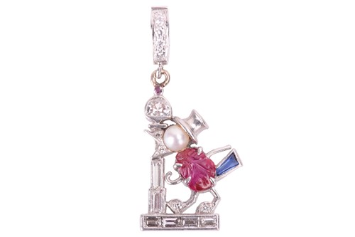 Lot 259 - A diamond, ruby and sapphire bird pendant,...
