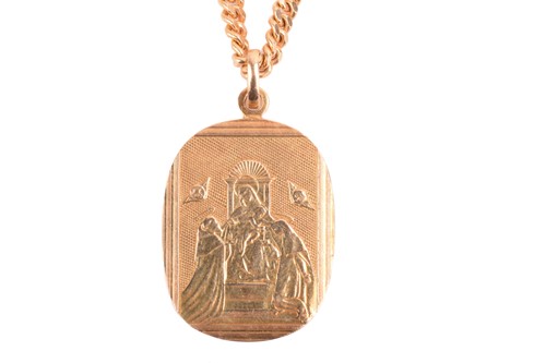 Lot 194 - A yellow gold chain with a religious scene...