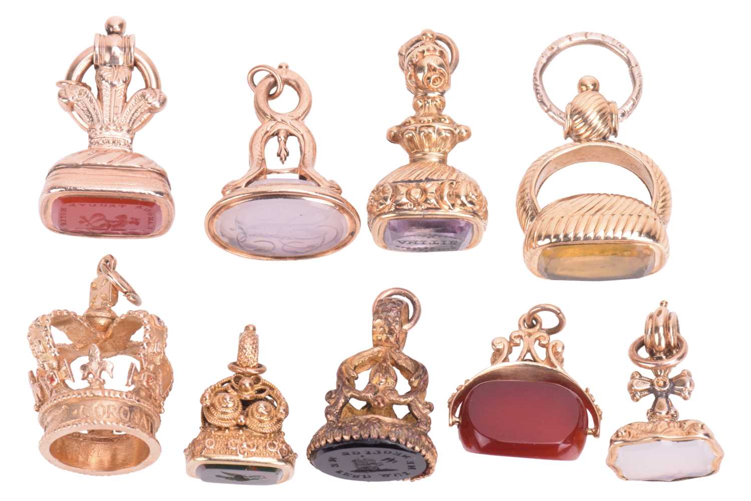 Lot 184 - A collection of seven stone-set Victorian fobs...