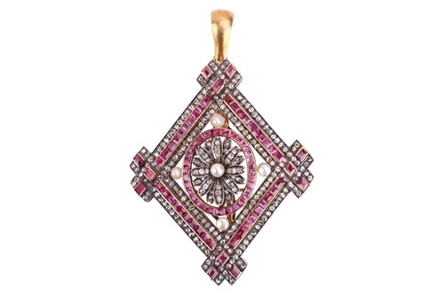 Lot 96 - A ruby, diamond and pearl brooch cum pendant,...