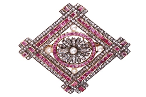 Lot 96 - A ruby, diamond and pearl brooch cum pendant,...