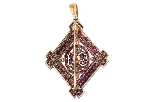 Lot 96 - A ruby, diamond and pearl brooch cum pendant,...