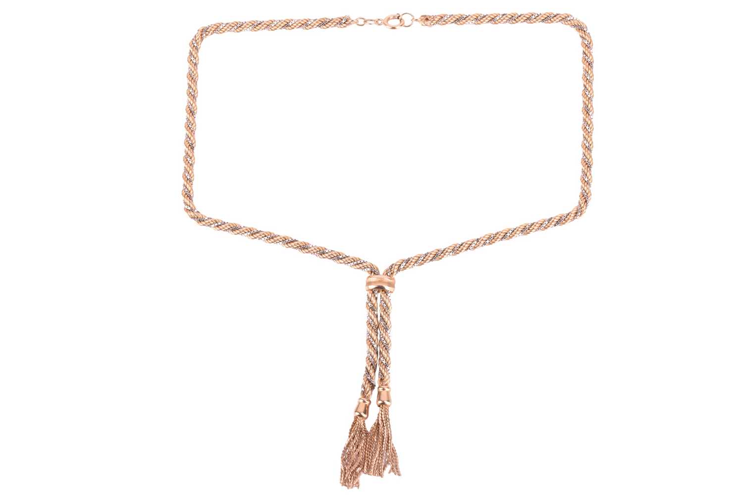 Lot 59 - A bi-colour twisted rope necklace with tassel...