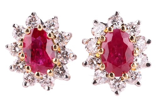 Lot 103 - A pair of ruby and diamond cluster earrings,...