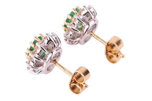 Lot 25 - A pair of emerald and diamond cluster earrings,...