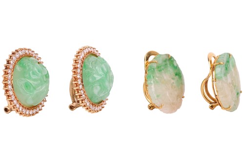 Lot 40 - Two pairs of carved jade clip-on earrings; the...