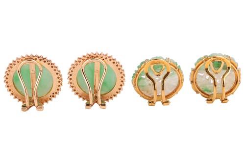 Lot 40 - Two pairs of carved jade clip-on earrings; the...