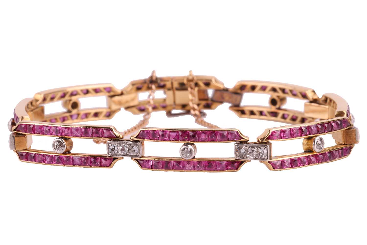 Lot 16 - A ruby and diamond bar link bracelet,...