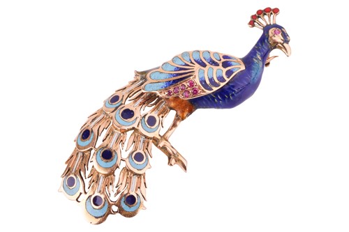 Lot 5 - A peacock enamel brooch, realistically...