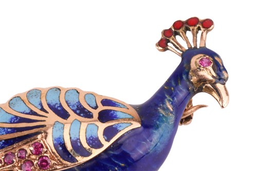 Lot 5 - A peacock enamel brooch, realistically...