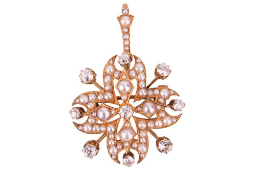 Lot 143 - A diamond and pearl pendant cum brooch...