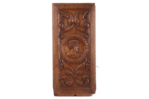 Lot 165 - A 16th-century carved oak rectangular portrait...