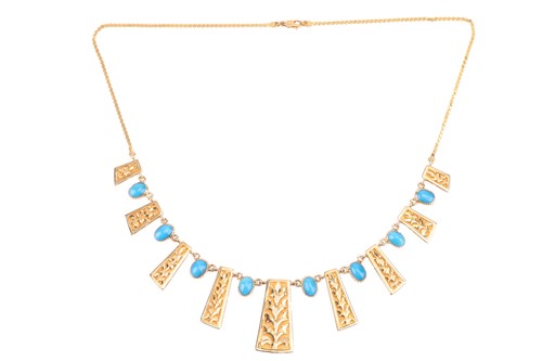 Lot 41 - A turquoise-set fringe necklace, the front...