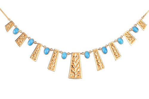 Lot 41 - A turquoise-set fringe necklace, the front...