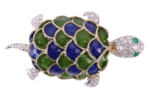 Lot 48 - A diamond and enamel tortoise brooch with...