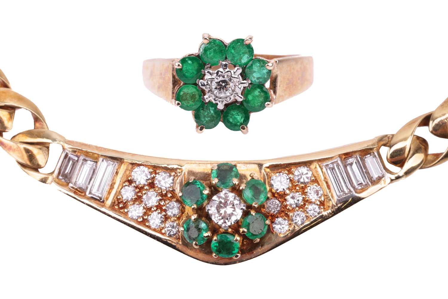 Lot 180 - An 18 carat gold, emerald and diamond set...