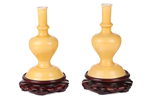 Lot 2 - A pair of Chinese yellow ground porcelain...