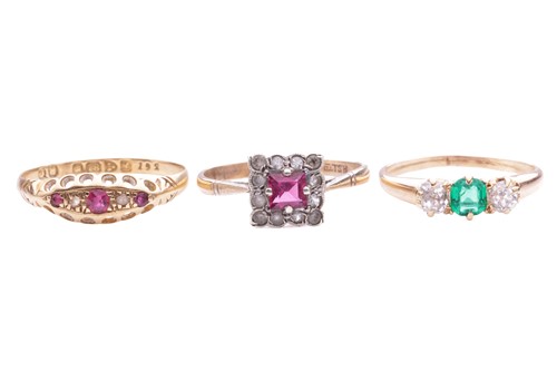 Lot 175 - A collection of three gem set rings, the first...
