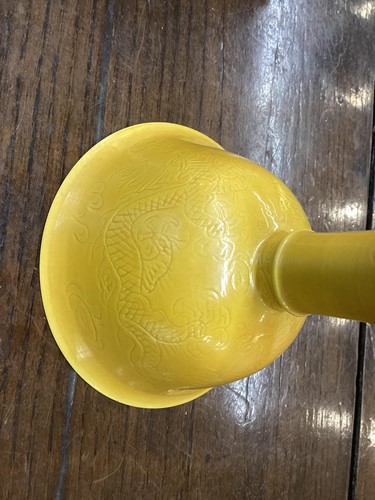 Lot 65 - A pair of Chinese yellow ground porcelain stem...
