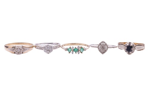 Lot 163 - A collection of five gem-set gold rings...