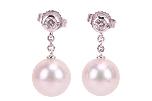 Lot 187 - A pair of Mikimoto pearl and diamond drop...