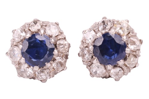 Lot 27 - A pair of sapphire and diamond cluster...