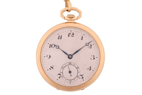 Lot 260 - An open-face 18ct gold pocket watch and chain,...