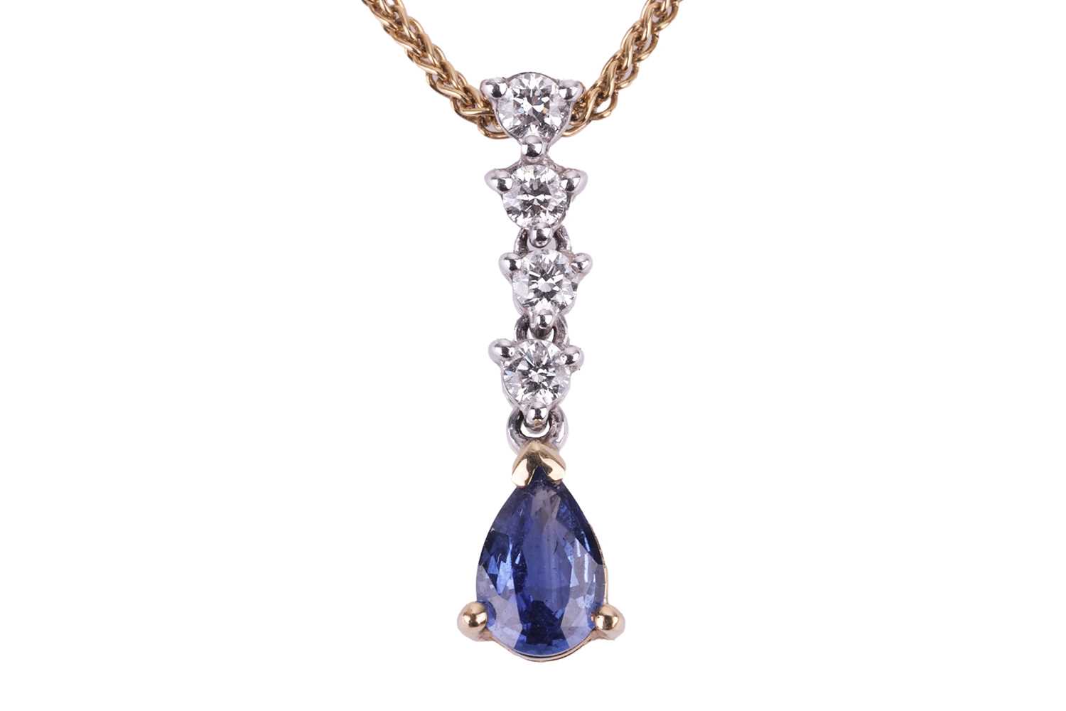 Lot 31 - A sapphire and diamond set drop pendant. The...