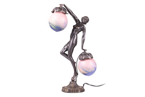 Lot An Art Deco-style bronze figural lamp, formed...