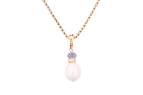Lot 15 - A cultured pearl and tanzanite pendant on...