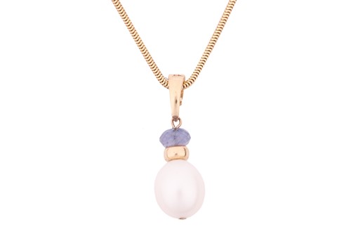 Lot 15 - A cultured pearl and tanzanite pendant on...