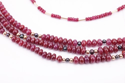 Lot 36 - Two ruby beaded necklaces with 18ct gold...