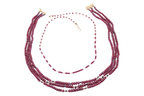 Lot 36 - Two ruby beaded necklaces with 18ct gold...
