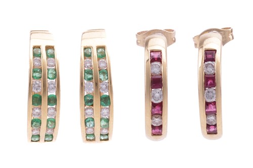 Lot 17 - Two pairs of gem-set hoop earrings; the first...