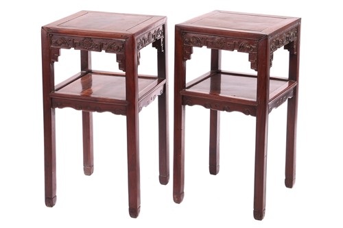 Lot 104 - A pair of Chinese Hongmu two-tier pedestal urn...