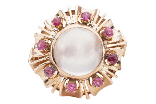 Lot 92 - A moonstone and ruby dress ring, centred with...