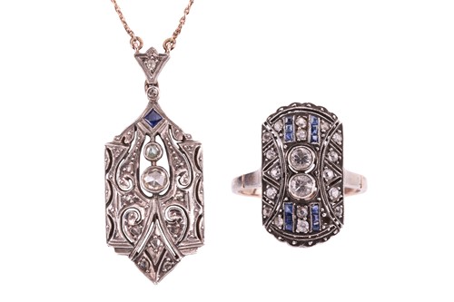 Lot 207 - An Art Deco style diamond and sapphire pendant...