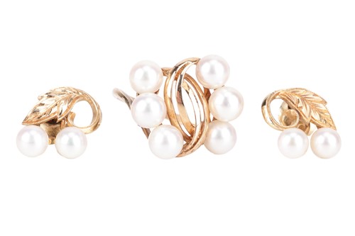 Lot 37 - A Mikimoto pearl ring and earrings; the ring...