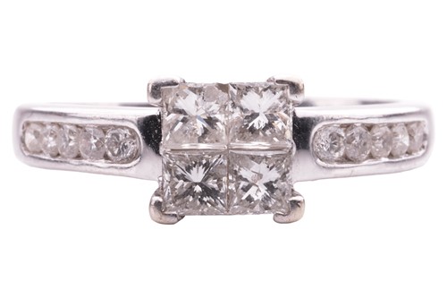 Lot 165 - A princess-cut diamond cluster ring, with four...