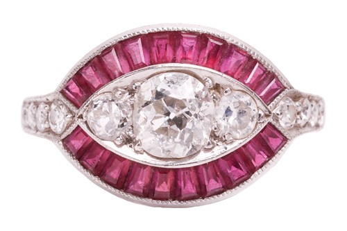 Lot 65 - An Art Deco style diamond and ruby-set navette...