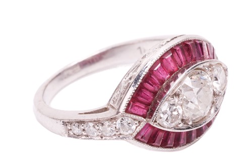 Lot 65 - An Art Deco style diamond and ruby-set navette...