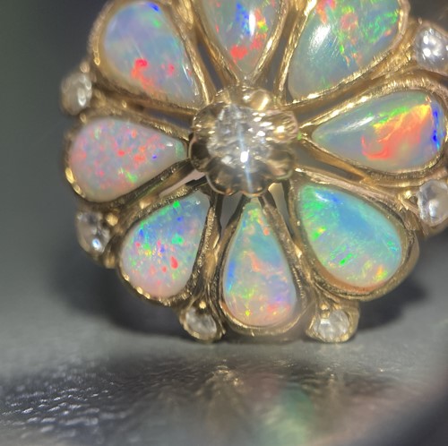 Lot 12 - An opal and diamond floral cluster ring,...