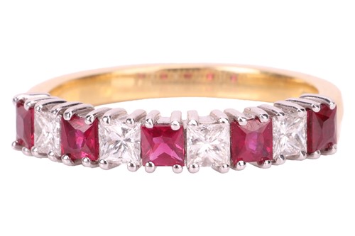 Lot 163 - A ruby and diamond half-eternity ring in 18ct...