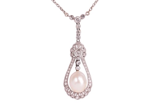 Lot 1 - A natural saltwater pearl and diamond lavalier...