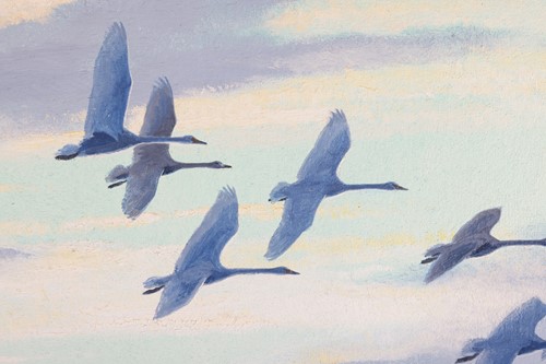 Lot 17 - Peter Scott (1909 - 1989), Whooper swans over...