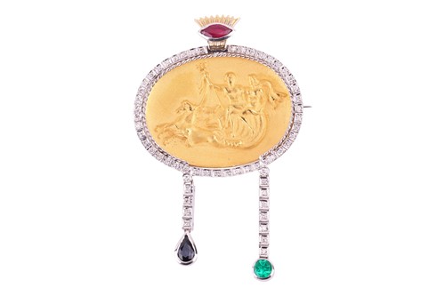 Lot 126 - A gem-set plaque brooch-cum-pendant, the...